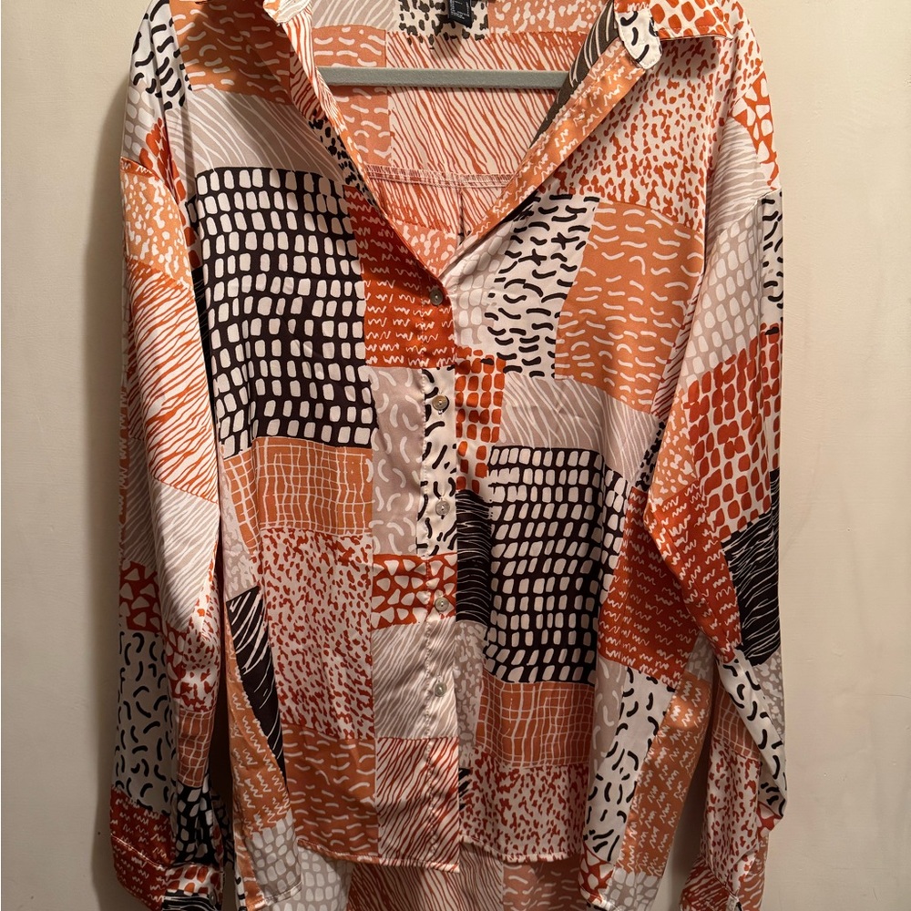 Forever 21 Boho Patchwork Button-Up Satin Shirt (L)